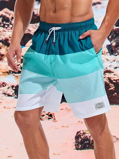 Zalmeno Men's Beach Shorts Drawstring Waist Front Tie Pocket Wide-Leg Wide-Leg Striped Printed Resort Casual Hawaiian