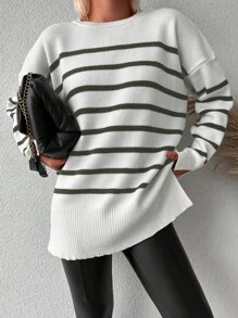 SHEIN Cottnline Women's Striped Loose Fit Drop Shoulder Sweater - Army Green - View 5