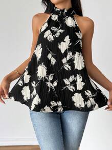 SHEIN Privé Women's Summer Casual Floral Print Neck Strap Tie Black And White Printing Shirt For Party Work, Party And Leisure Workout