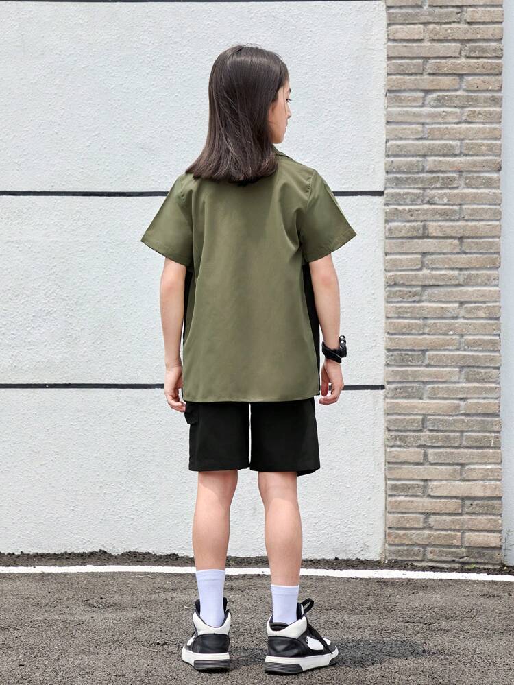 Tween Boy Casual Raglan Sleeve Polo Shirt & Solid Color Pocket Shorts Outfit