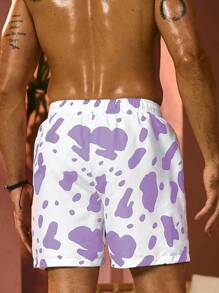 Manfinity Swimmode Men's Cow Printed Drawstring Waist Loose Fit Beach Shorts For Holiday
