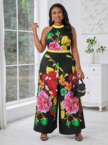 SHEIN Lady Plus size zomermuziekfestival jumpsuit met wijde pijpen, bloemmotief en halterhals