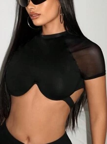SHEIN ICON Mesh Contrast Short Sleeve Crop Top With Underwire Detail - Black - View 4