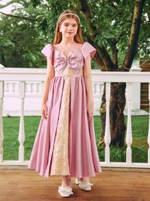Tween Girl Front Bow Decor Satin Puff Sleeve Gold Jacquard Fabric Party Gown Dress - Multicolor - View 3
