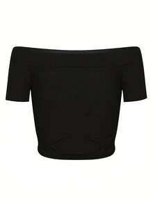 Elegant Slim-Fit Off-Shoulder Cropped Top With Crop Sleeves - Black - View 2