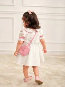 SHEIN Baby Girl Summer Sweet Color Block Embroidered Puff Sleeve Dress With Bag 2pcs/Set