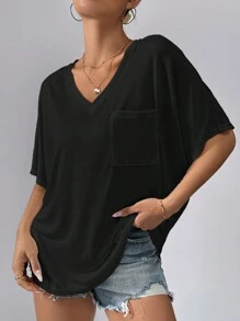 SHEIN Essnce Women's Bamboo  Loose T-Shirt With Batwing Sleeves - Black - View 4