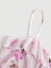 SHEIN MOD 女士粉色彈性網紗浪漫漸變花紋背心連衣裙，上下搭配荷葉邊領口和縮邊設計 - 粉色 - 查看 3