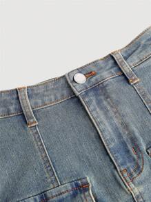 SHEIN Teen Girl Pocket Design Simple Daily Denim Skirt