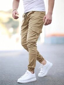 Manfinity LEGND Pantalones jogger de cintura con cordón y bolsillos laterales para hombre - Caqui - Ver 1