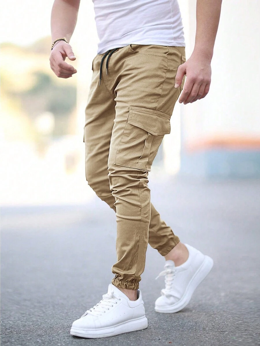 Manfinity LEGND Pantalones jogger de cintura con cordón y bolsillos laterales para hombre - Caqui - Ver 1