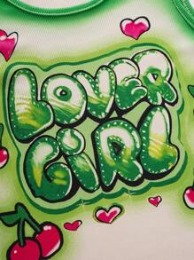 INAWLY Women's Y2K Summer Slim Fit Top With Heart, Cherry And Letters Print - Green - View 8