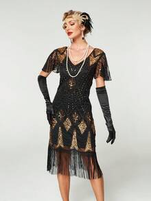 1920s Retro Flapper Fringe Party Dress With Short Sleeves (Gloves Not Included) - Black - View 4