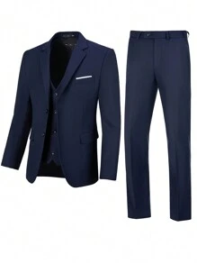 Furuyal Men's Suit, Gentleman Minimalist Slim Fit Single-Breasted 3 Pieces Set, Includes Jacket, Vest And Pants, Suitable For Weddings, Parties, Galas And Other Occasions To Showcase Gentlemanly Style, Navy Blue, Size XS-XXXL - Navy Blue - View 4