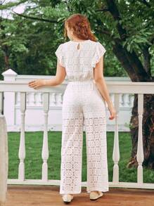 SHEIN Conjunto de dos piezas para adolescente con top de encaje elegante y pantalones largos - Blanco - Ver 2