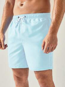 Manfinity KASUA Men's Solid Color Beach Shorts With Drawstring Waist, Suitable For Vacation And Leisure - Baby Blue - View 5