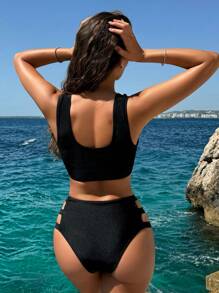 SHEIN Swim Ladies' Solid Color Hollow Out Metal Button Decor Sexy Bikini Set For Vacation Summer - Black - View 2