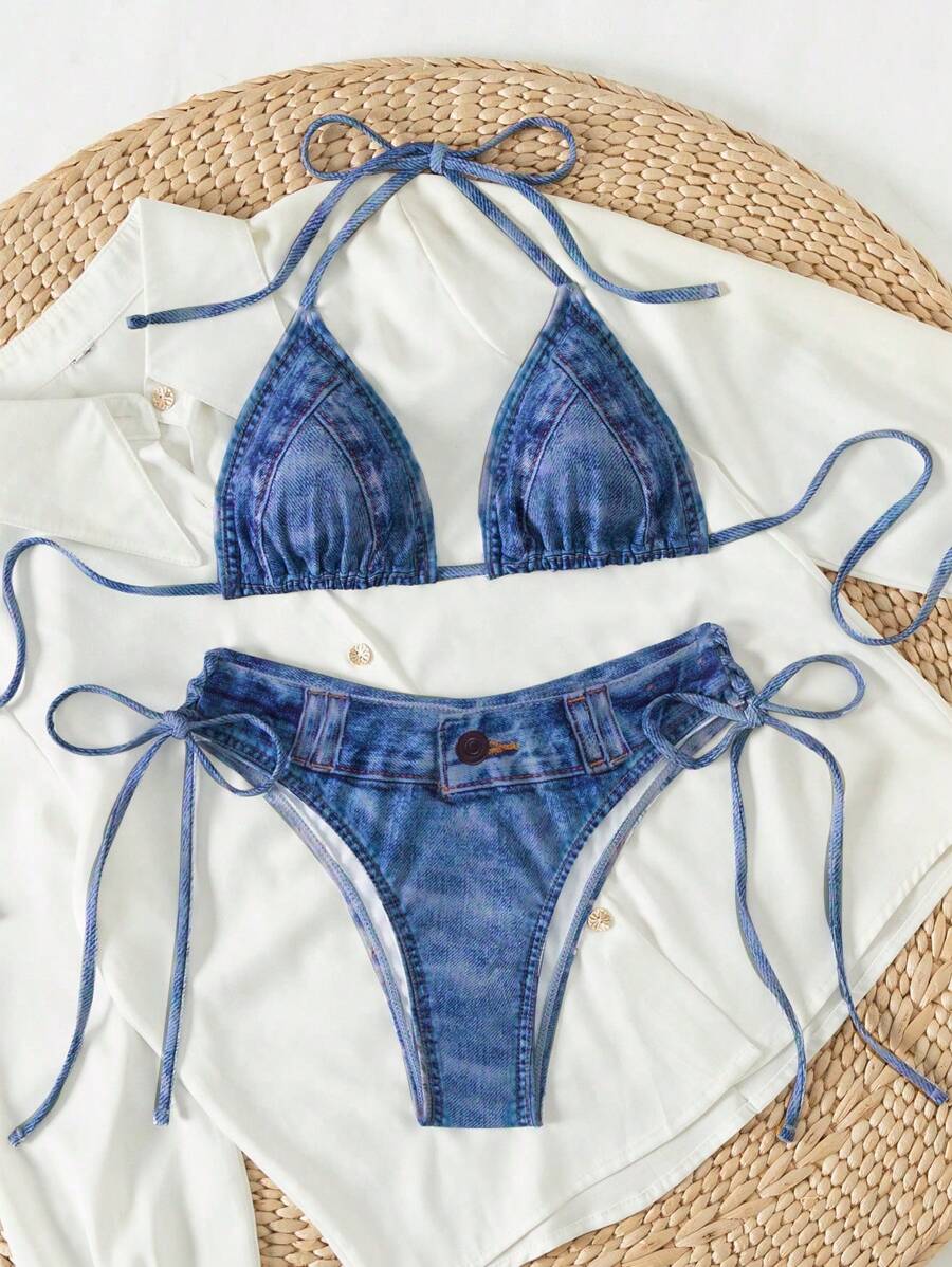 Swim Mod 女士度假牛仔效果挂脖系带性感比基尼套装两件套比基尼套装印花定位夏季海滩 - 藍色 - 查看 1