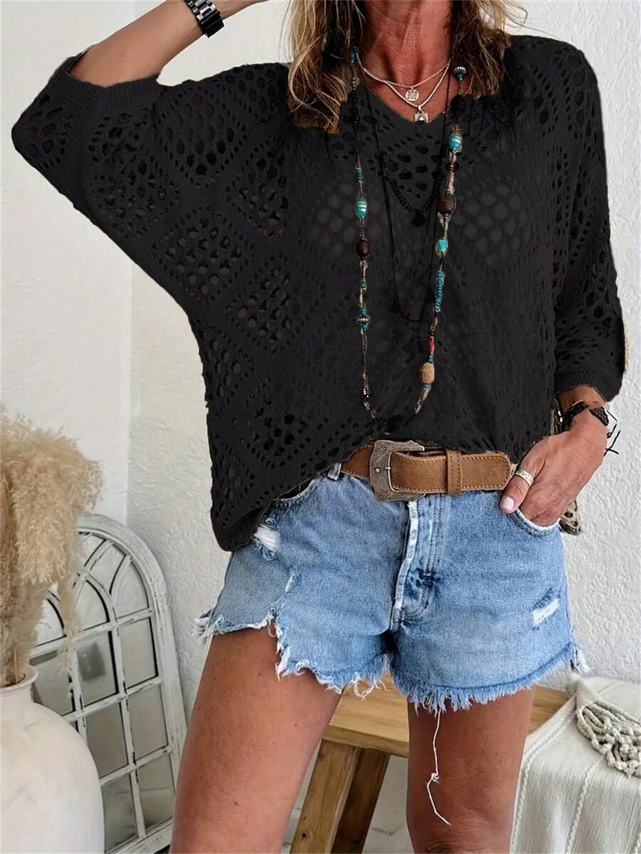 Spring/Summer V-Neck Diamond Cutout Batwing Sleeve Women Cover Up Coat - Black - View 1