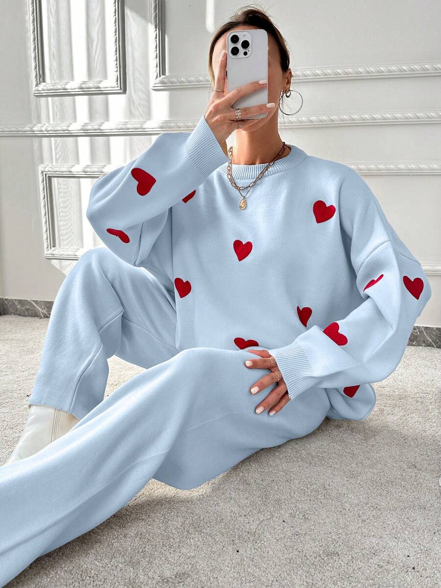 EURMUSE Women's Heart Pattern Drop Shoulder Sweater 2pcs/Set - Baby Blue - View 1