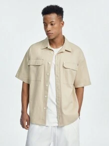 Manfinity NXTstreet Áo sơ mi ngắn tay thêu hoa văn kiểu Anh dáng rộng cho nam, Phong cách đường phố Mỹ, Mùa hè - Màu Khaki - Xem 2