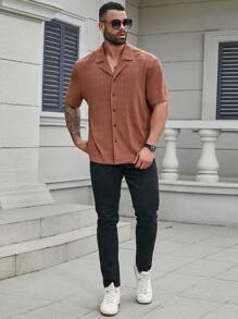 Manfinity Homme Fashionable Plus Size Men Short Sleeve Shirt With 3D Texture - Brown - View 5