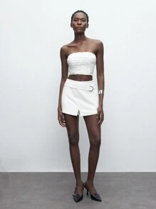 Maija Back-To-School Casual White Women's Workwear Skirt, Summer Solid Color Split Short Skort - White - View 2