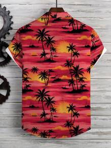 Manfinity RSRT Men Palm Tree Print Short Sleeve Casual Loose Shirt For Holiday - Red - View 2