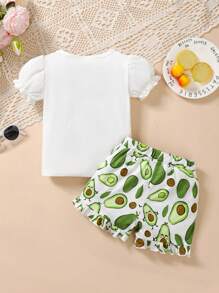 Baby Girl Simple Print Puff Sleeve Short-Sleeved Top And Shorts Set - White - View 2