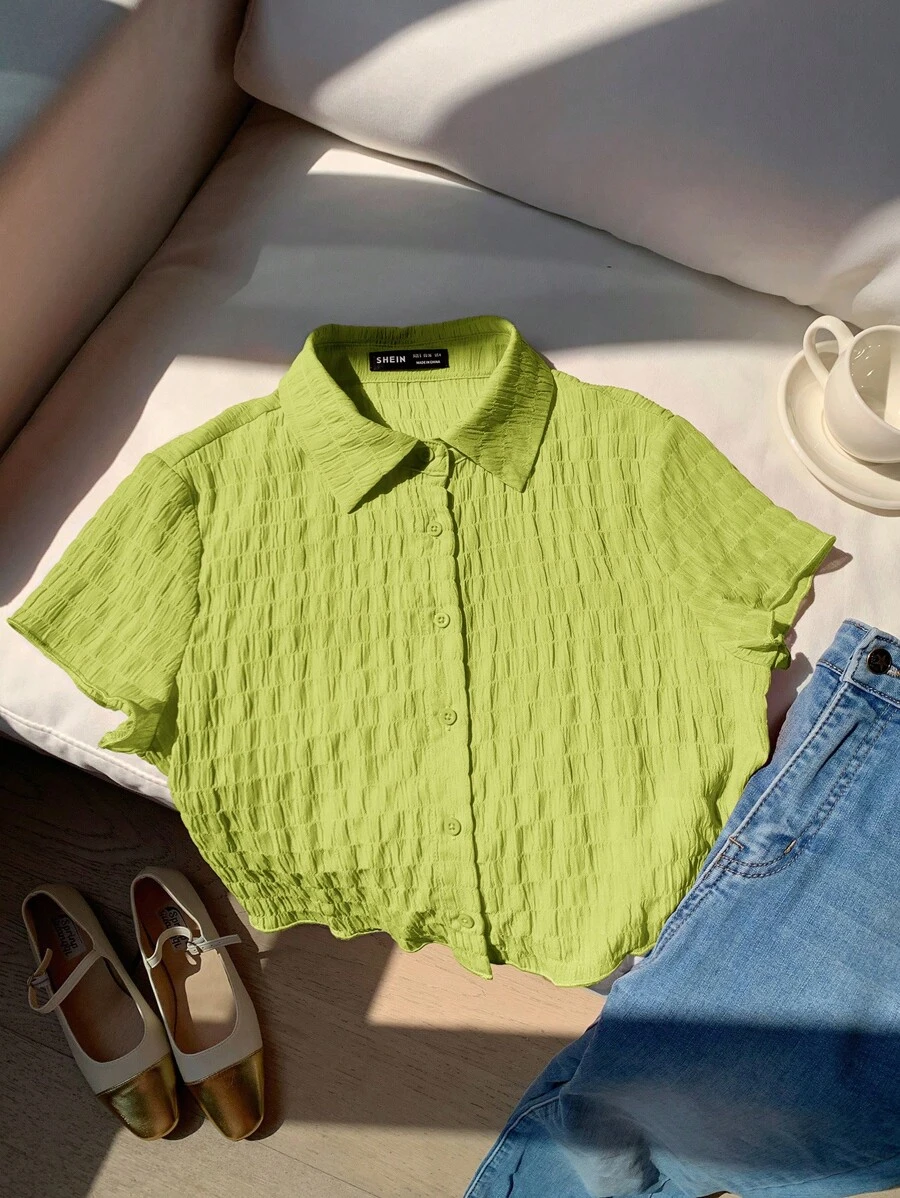 SHEIN EZwear Áo croptop tay ngắn màu xanh ô liu có họa tiết dành cho nữ cỡ lớn - Màu xanh Ô liu - Xem 1