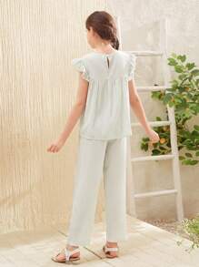SHEIN Tween Girl Embroidered Flower Texture Striped Shirt And Long Pants Lightweight Casual Summer 2pcs Outfits