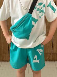 SHEIN 2pcs/Set Young Boy Casual Korean-Style Letter & Graphic Print Crew Neck T-Shirt And Matching Shorts With Pouch For Spring/Summer Wear - Multicolor - View 6