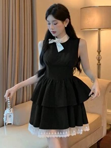 DAZY 女士网纱撞色返校礼服，带蝴蝶结装饰，新年夏日连衣裙，正式女士礼服，舞会礼服，优雅女士连衣裙