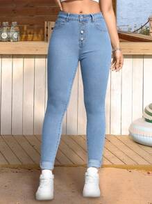 SHEIN Frenchy Pantalones de mezclilla para mujer ajustados, simples, con botones de moda - Lavado ligero - Ver 5