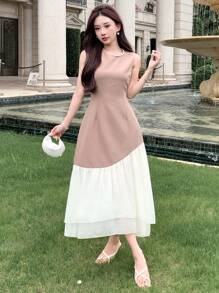 DAZY Ladies' Fashionable Elegant Sheer Mesh Splice Waist Cinched Dress, Birthday Prom Dress,Ruffle