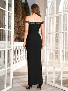 Modphy Black Rhinestone Off Shoulder Sexy High-Slit Bandage Dress Formal Ball Gown For Women, Perfect For Wedding & Evening Party