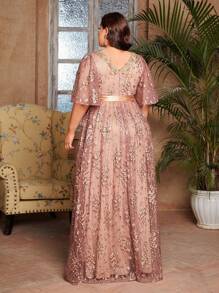 Vestido de Dama de Honra com Tela, Decote em V, Manga Bufante, Bordado Floral e Inserção em Tela, Plus Size - Rosa chiclete - Visão 2