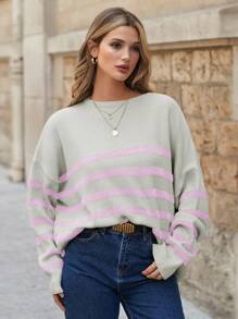 EURMUSE Women's Round Neck Drop Shoulder Color Block Striped Sweater - Pink - View 5