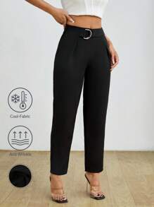 SHEIN PETITE Women High-Waisted Wrinkle-Resistant Black Straight Pants With Belt - Black - View 3