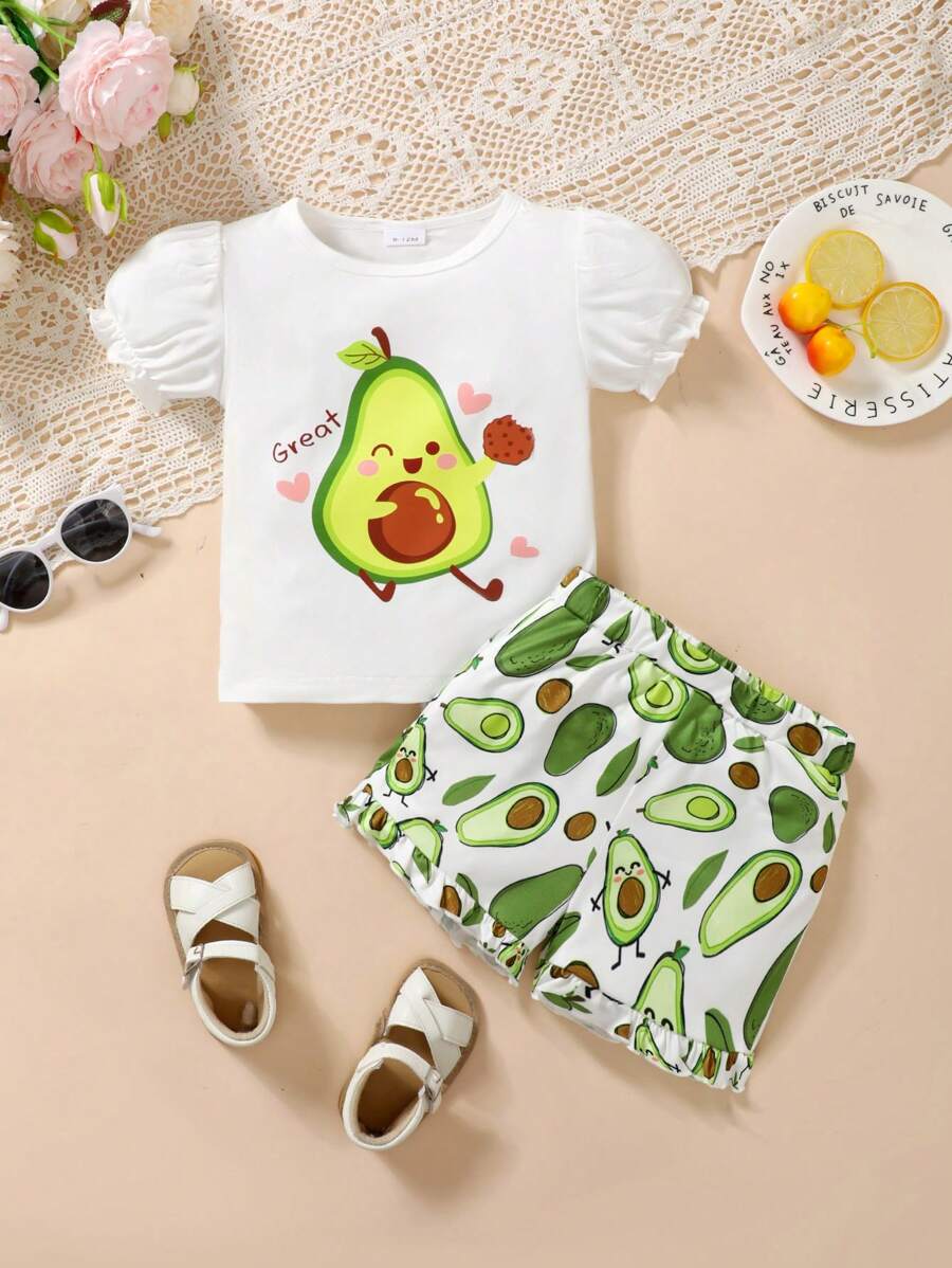 Baby Girl Simple Print Puff Sleeve Short-Sleeved Top And Shorts Set - White - View 1