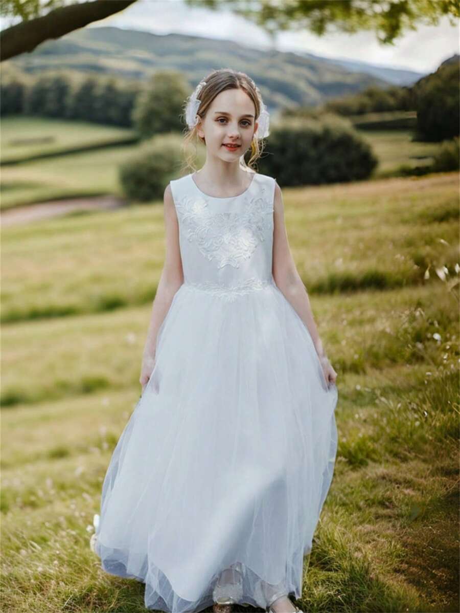 SHEIN Glamorique Kids Tạp chí đám cưới Váy lưới không tay cho bé gái Tween lưng hở thanh lịch, chi tiết hoa tuyệt đẹp Phong cách công chúa - trắng - Xem 1