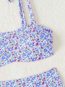 Swim Mod Plus Size Women Ditsy Floral Shoulder Knot Sexy Bikini Set For Vacation,Summer Beach