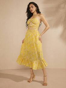 L'Amorae Twist Cut Out Ruffle Hem Print Dress