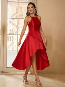 SHEIN Belle Elegant, Gorgeous, Simple And Stylish Women Glossy Satin Red Backless A-Line Asymmetric Hem Dress, Suitable For Vacation, Back To School Season, Graduation, Dancing Party, Afternoon Tea, Gathering And Cocktail Party., Wedding Guest Dress - Red - View 4