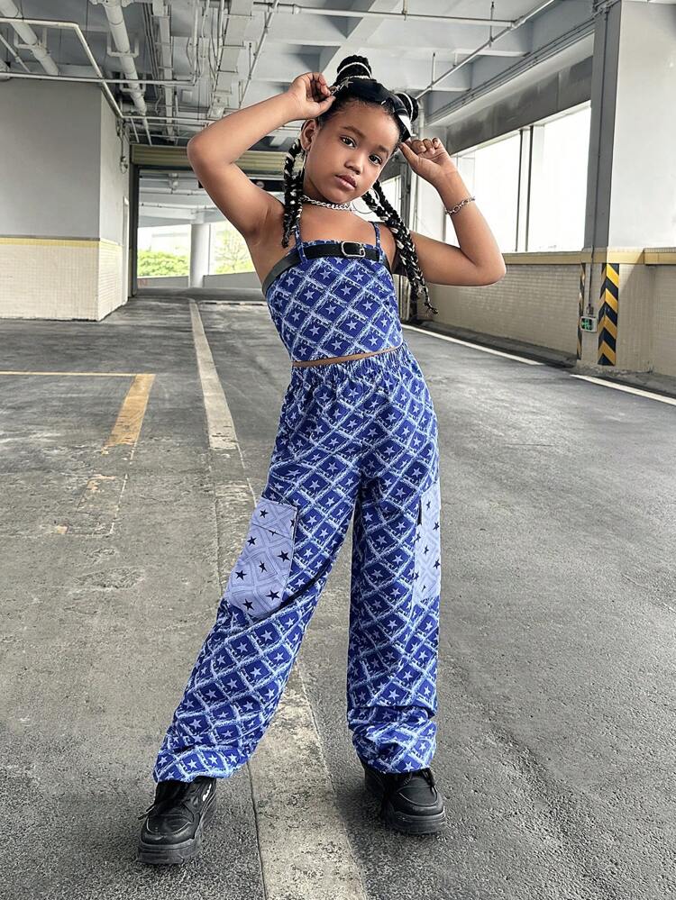 Tween Girl 2pcs/Set Star Printed Tank Top And Cargo Wide Leg Pants Casual Outfit