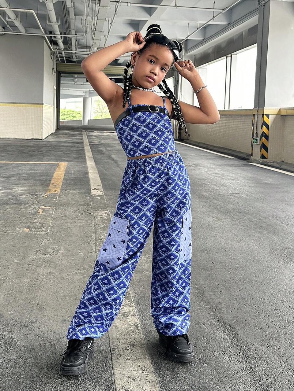 Tween Girl 2pcs/Set Star Printed Tank Top And Cargo Wide Leg Pants Casual Outfit