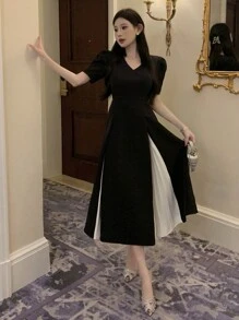 DAZY Đầm ngắn tay xếp ly đơn giản cổ chữ V màu trơn dành cho nữ, thích hợp dự tiệc mùa hè, sinh nhật, dạ hội, tiệc prom, đầm maxi thanh lịch, đầm cưới. - màu đen - Xem 1