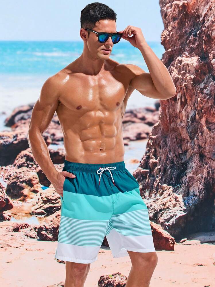 Palasendo Men's Beach Shorts Drawstring Waist Front Tie Pocket Wide-Leg Wide-Leg Striped Printed Resort Casual Hawaiian - Mint Green - View 6