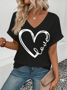 SHEIN LUNE Women's Summer Heart Letter Printed V-Neck Short Sleeve Casual T-Shirt