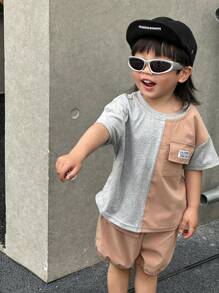 SHEIN Conjunto de camisa de manga corta y pantalón corto para niño pequeño con estilo callejero de verano, moda casual, estilo universitario, bloque de colores, cómodo - Multicolor - Ver 5